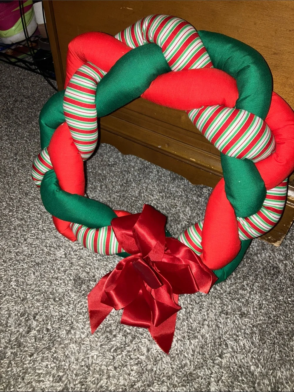 Handmade Holiday Braided Red & Green Wreath with Striped Accents 12”